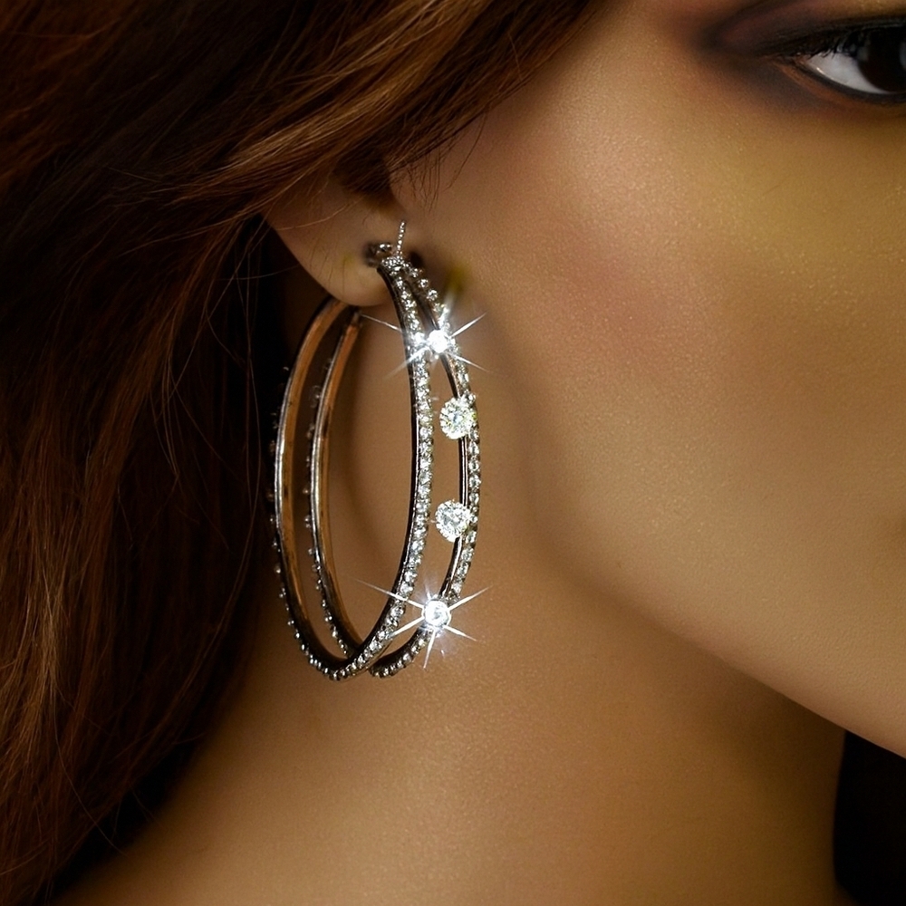 Eisenberg Ice Earrings - Women's Silver Sparkling Rhinestone Big Hoop   Jewelry